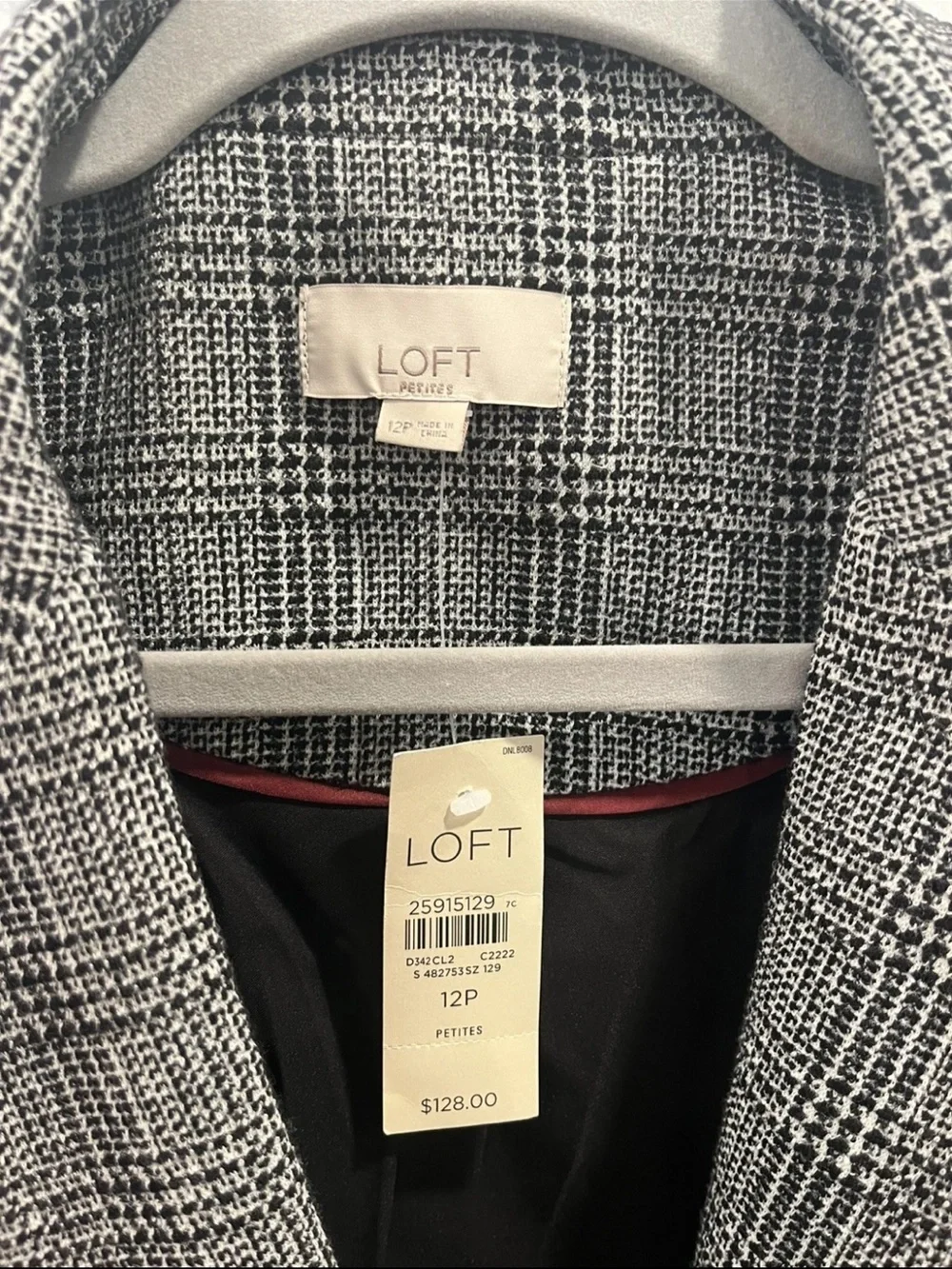 NWT LOFT Plaid Blazer Size 12 Petite Black White Career Jacket $128 - Picture 3 of 5